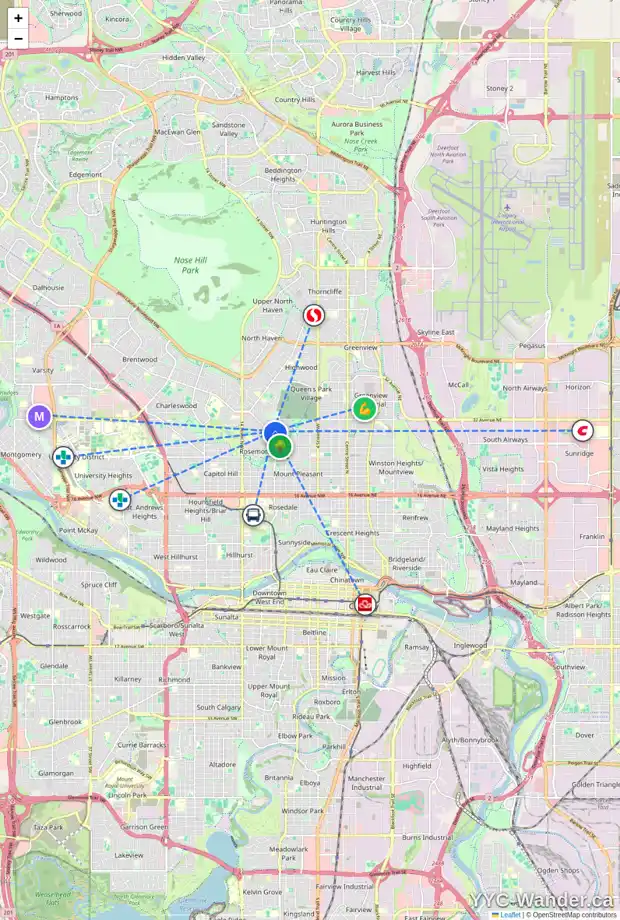 Daily accessibility map for 31 CAMBRIDGE RD NW, Calgary showing nearby schools, grocery stores, parks, LRT stations and nearby amenities