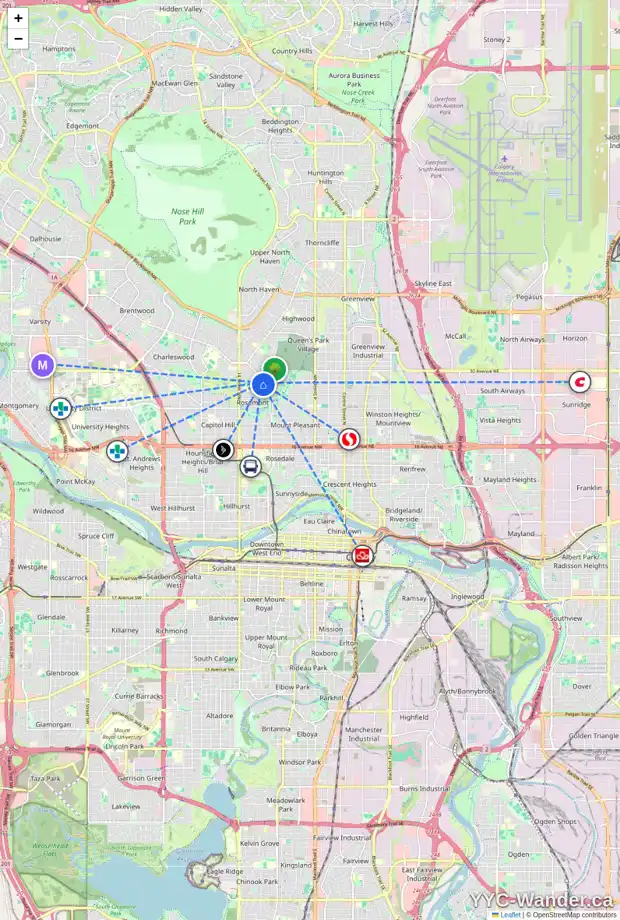 Daily accessibility map for 18 ROSETREE CR NW, Calgary showing nearby schools, grocery stores, parks, LRT stations and nearby amenities