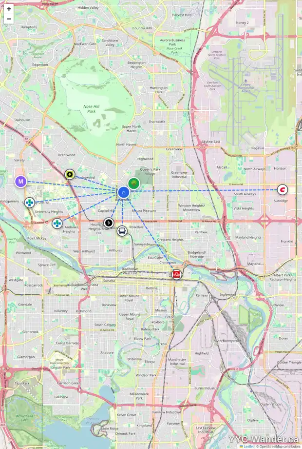Daily accessibility map for 63 ROSEWOOD RD NW, Calgary showing nearby schools, grocery stores, parks, LRT stations and nearby amenities