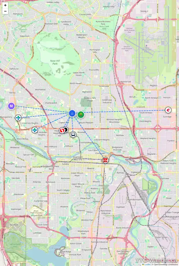 Daily accessibility map for 1426 ROSEHILL DR NW, Calgary showing nearby schools, grocery stores, parks, LRT stations and nearby amenities