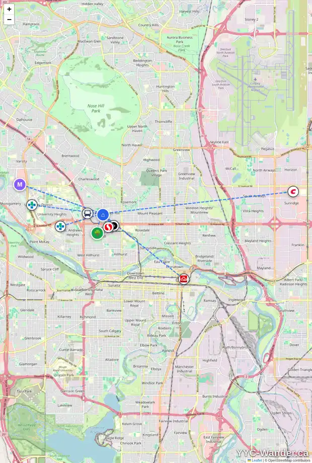 Daily accessibility map for 2008 20 AV NW, Calgary showing nearby schools, grocery stores, parks, LRT stations and nearby amenities