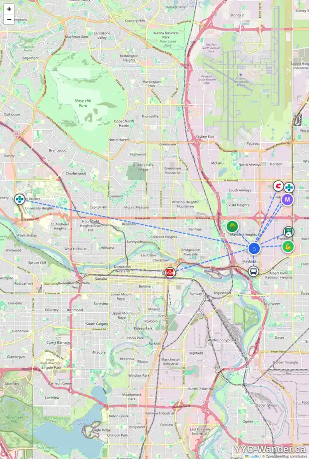 Daily accessibility map for 512 MCINTOSH RD NE, Calgary showing nearby schools, grocery stores, parks, LRT stations and nearby amenities