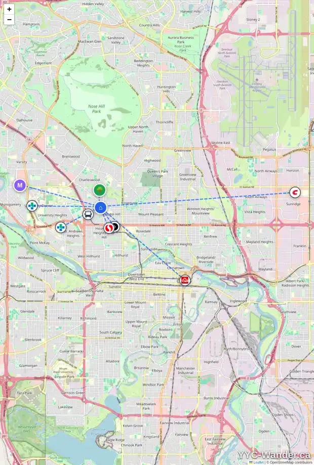Daily accessibility map for 2107 24 AV NW, Calgary showing nearby schools, grocery stores, parks, LRT stations and nearby amenities