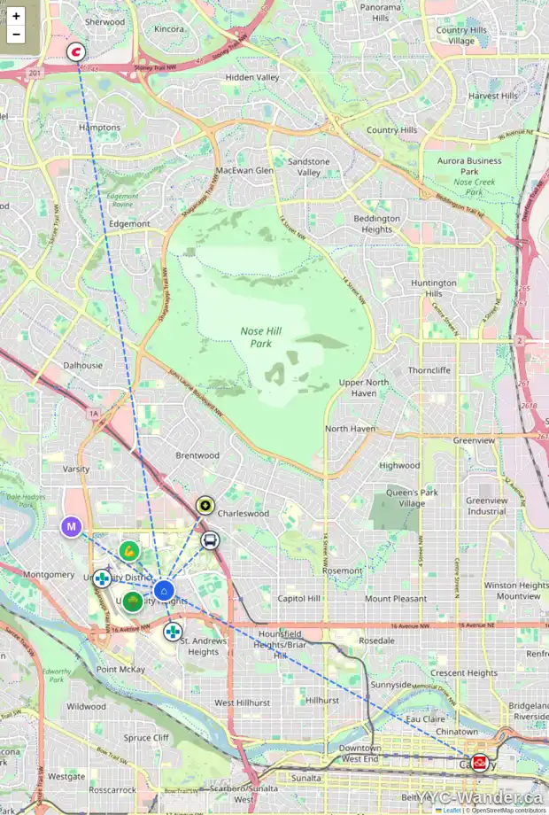 Daily accessibility map for 3308 UNDERHILL DR NW, Calgary showing nearby schools, grocery stores, parks, LRT stations and nearby amenities