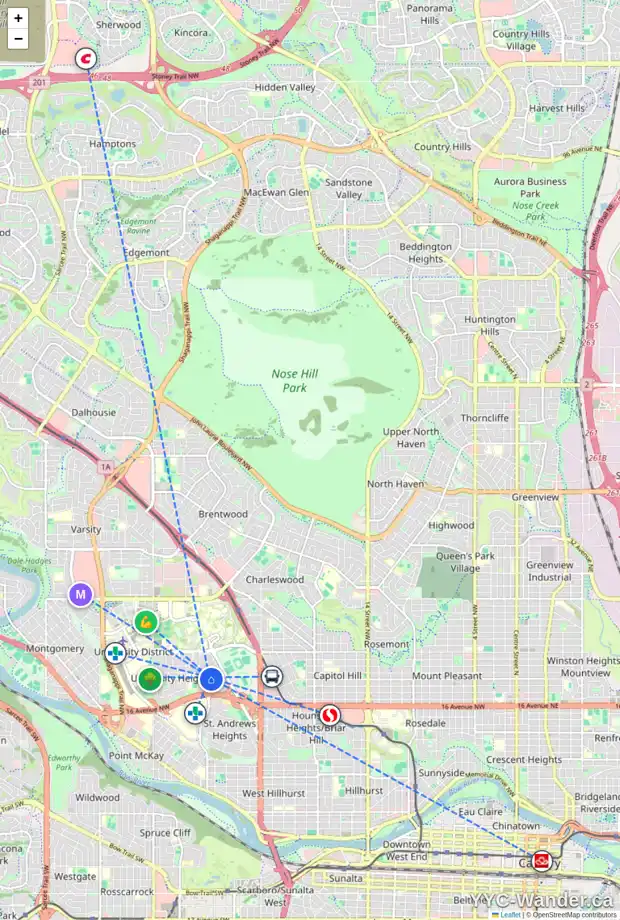 Daily accessibility map for 2031 URQUHART RD NW, Calgary showing nearby schools, grocery stores, parks, LRT stations and nearby amenities