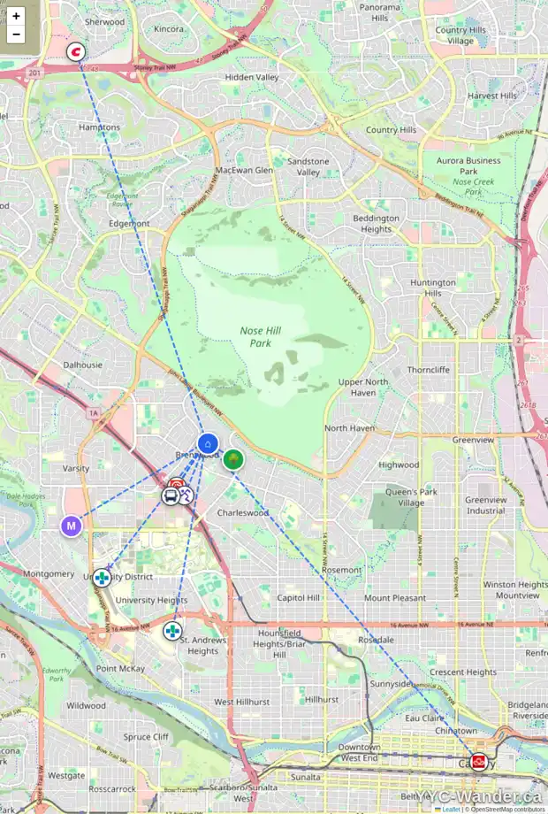 Daily accessibility map for 398 CAPRI CR NW, Calgary showing nearby schools, grocery stores, parks, LRT stations and nearby amenities