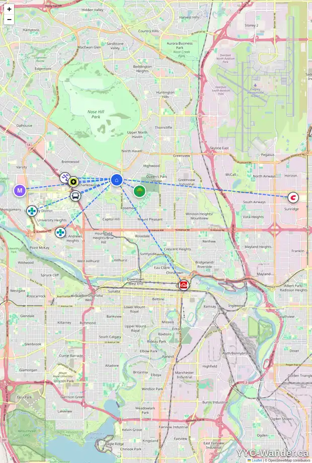 Daily accessibility map for 55 CHELTENHAM RD NW, Calgary showing nearby schools, grocery stores, parks, LRT stations and nearby amenities