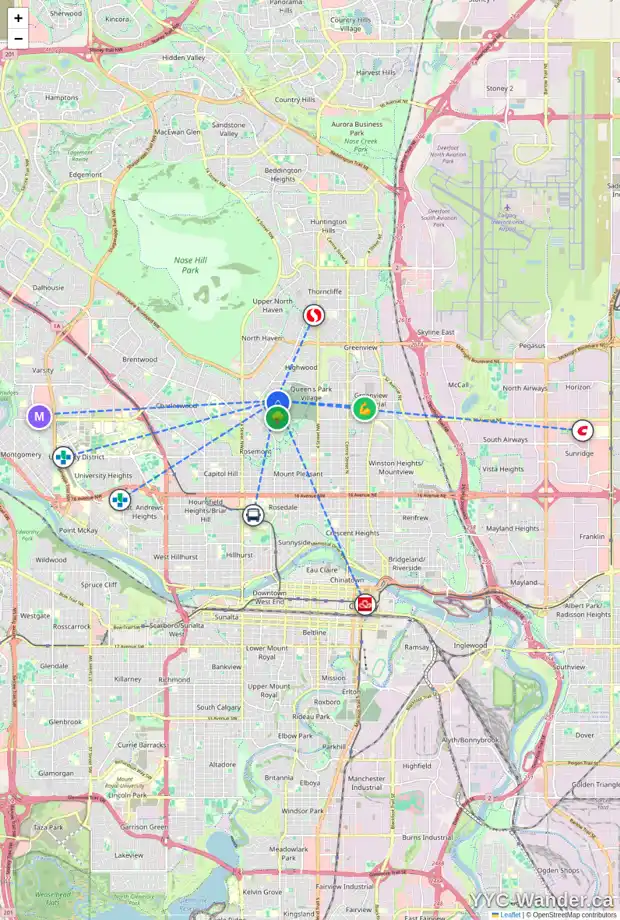 Daily accessibility map for 72 CARDIFF DR NW, Calgary showing nearby schools, grocery stores, parks, LRT stations and nearby amenities