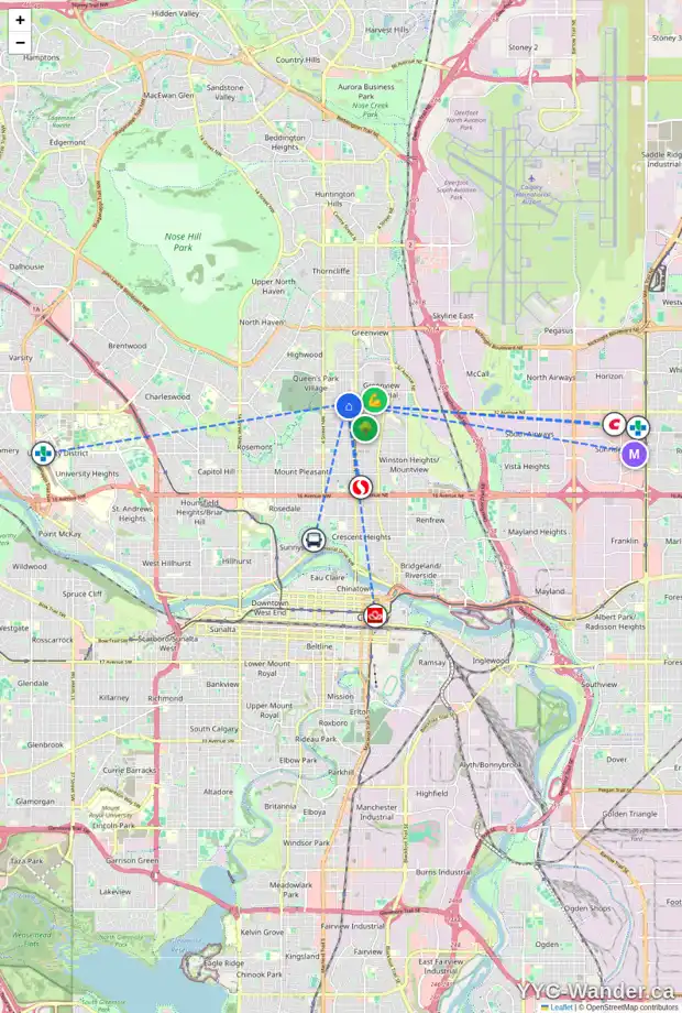 Daily accessibility map for 3420 1 ST NW, Calgary showing nearby schools, grocery stores, parks, LRT stations and nearby amenities