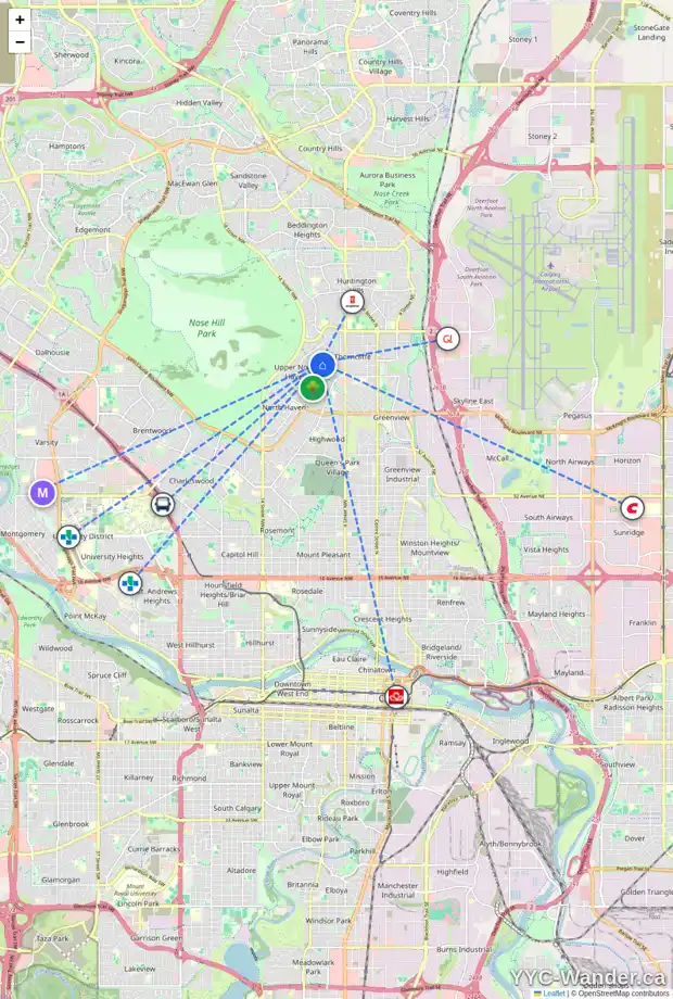Daily accessibility map for 228 THAMES CL NW, Calgary showing nearby schools, grocery stores, parks, LRT stations and nearby amenities