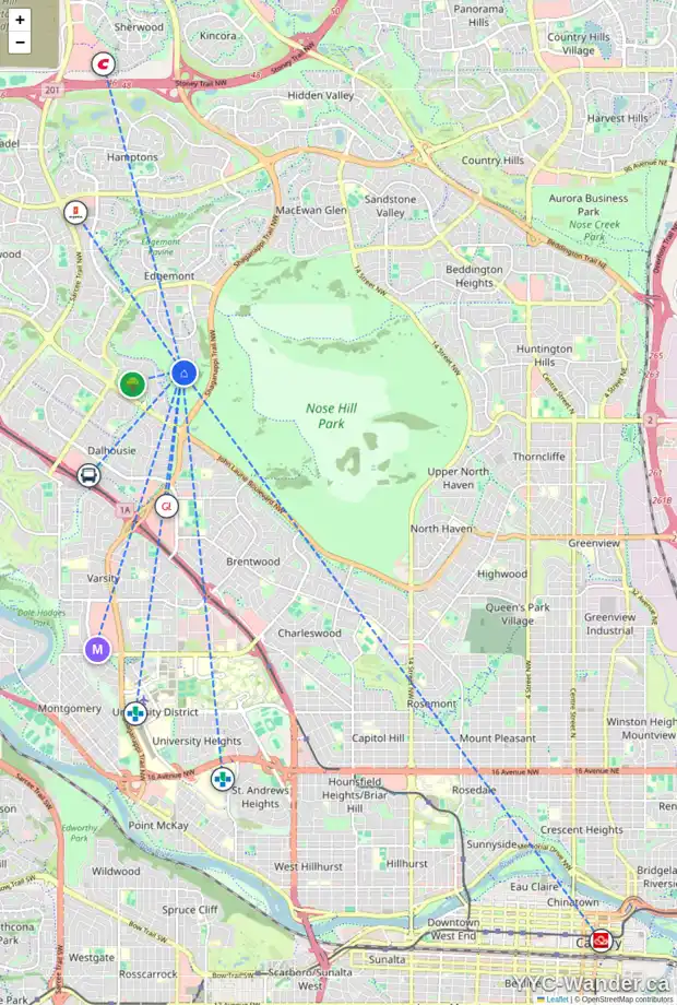 Daily accessibility map for 5 EDELWEISS PT NW, Calgary showing nearby schools, grocery stores, parks, LRT stations and nearby amenities