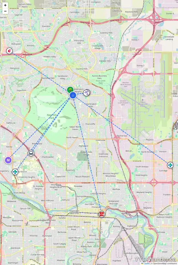 Daily accessibility map for 83 BERMONDSEY RI NW, Calgary showing nearby schools, grocery stores, parks, LRT stations and nearby amenities