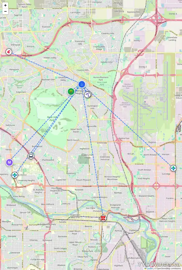 Daily accessibility map for 183 BERNARD DR NW, Calgary showing nearby schools, grocery stores, parks, LRT stations and nearby amenities