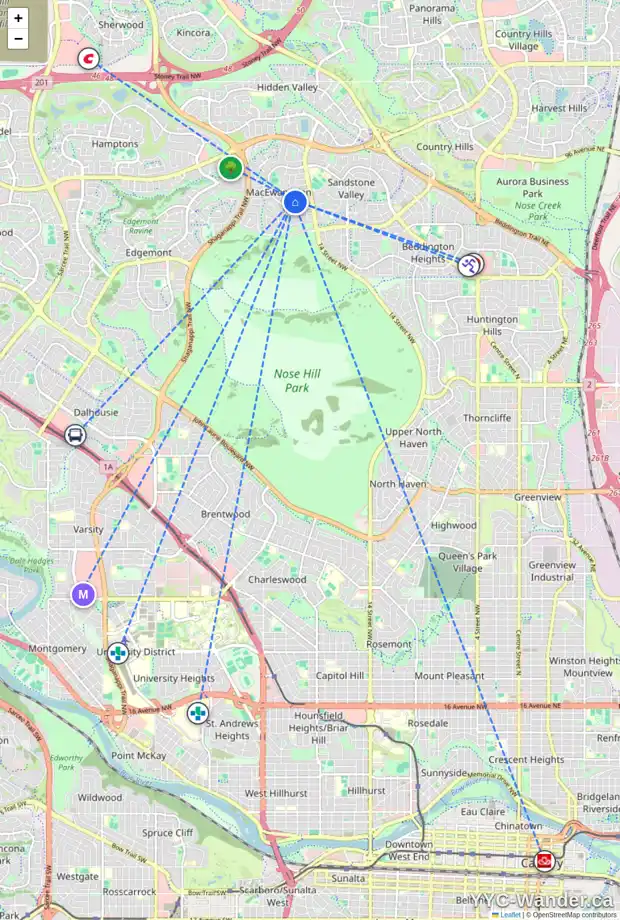 Daily accessibility map for 28 MACEWAN PARK WY NW, Calgary showing nearby schools, grocery stores, parks, LRT stations and nearby amenities