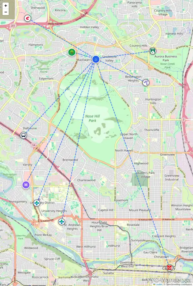 Daily accessibility map for 135 MACEWAN PARK RD NW, Calgary showing nearby schools, grocery stores, parks, LRT stations and nearby amenities