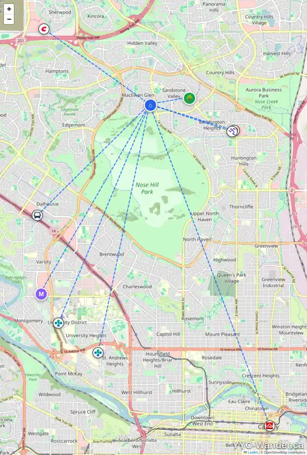 Daily accessibility map for 43 MACEWAN DR NW, Calgary showing nearby schools, grocery stores, parks, LRT stations and nearby amenities