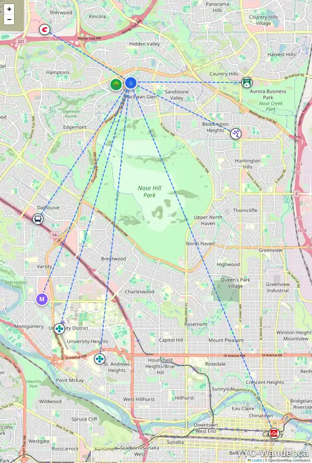Daily accessibility map for 20 MACEWAN RIDGE VW NW, Calgary showing nearby schools, grocery stores, parks, LRT stations and nearby amenities