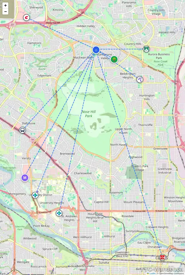Daily accessibility map for 356 SANDARAC DR NW, Calgary showing nearby schools, grocery stores, parks, LRT stations and nearby amenities