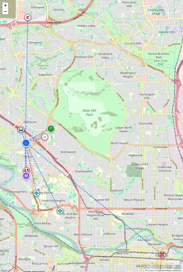 Daily accessibility map for 5003 48 ST NW, Calgary showing nearby schools, grocery stores, parks, LRT stations and nearby amenities
