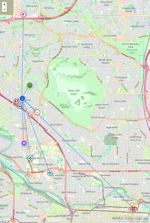 Daily accessibility map for 5879 DALFORD HL NW, Calgary showing nearby schools, grocery stores, parks, LRT stations and nearby amenities