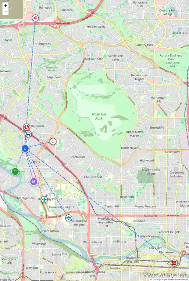 Daily accessibility map for 22 VARSITY RIDGE TC NW, Calgary showing nearby schools, grocery stores, parks, LRT stations and nearby amenities