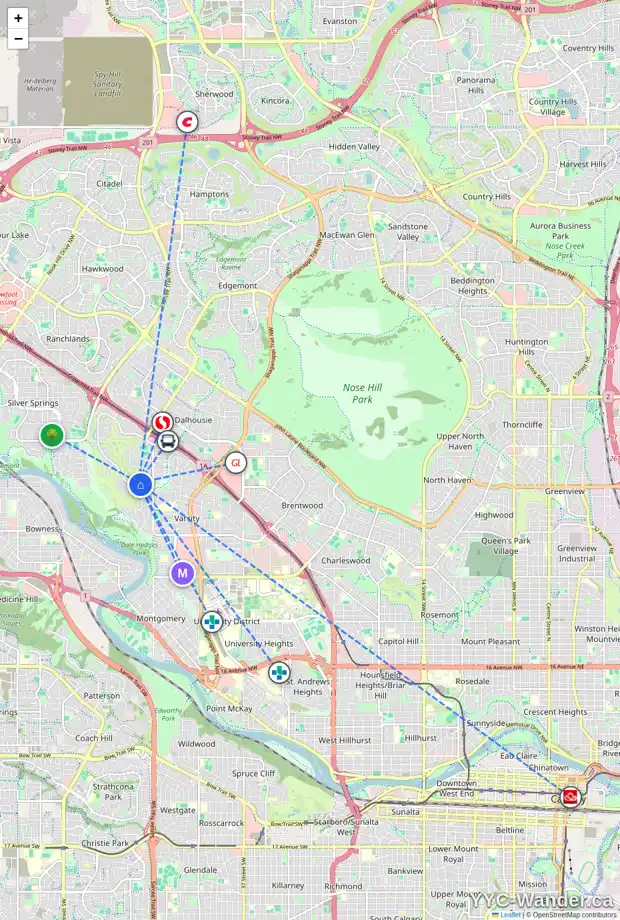 Daily accessibility map for 1912 VARSITY ESTATES DR NW, Calgary showing nearby schools, grocery stores, parks, LRT stations and nearby amenities