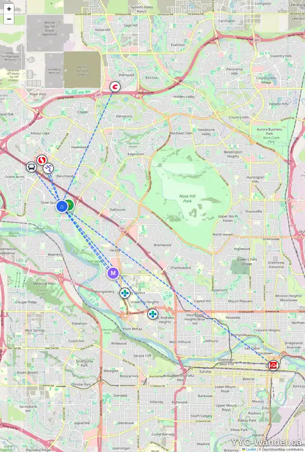 Daily accessibility map for 6403 70 ST NW, Calgary showing nearby schools, grocery stores, parks, LRT stations and nearby amenities