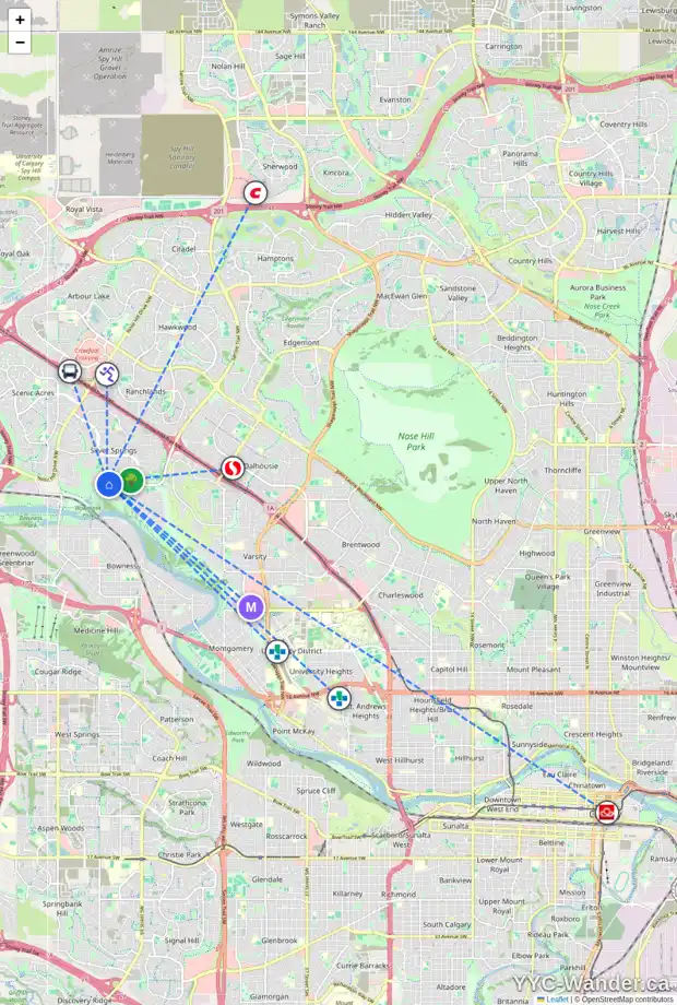 Daily accessibility map for 48 SILVER RIDGE PL NW, Calgary showing nearby schools, grocery stores, parks, LRT stations and nearby amenities