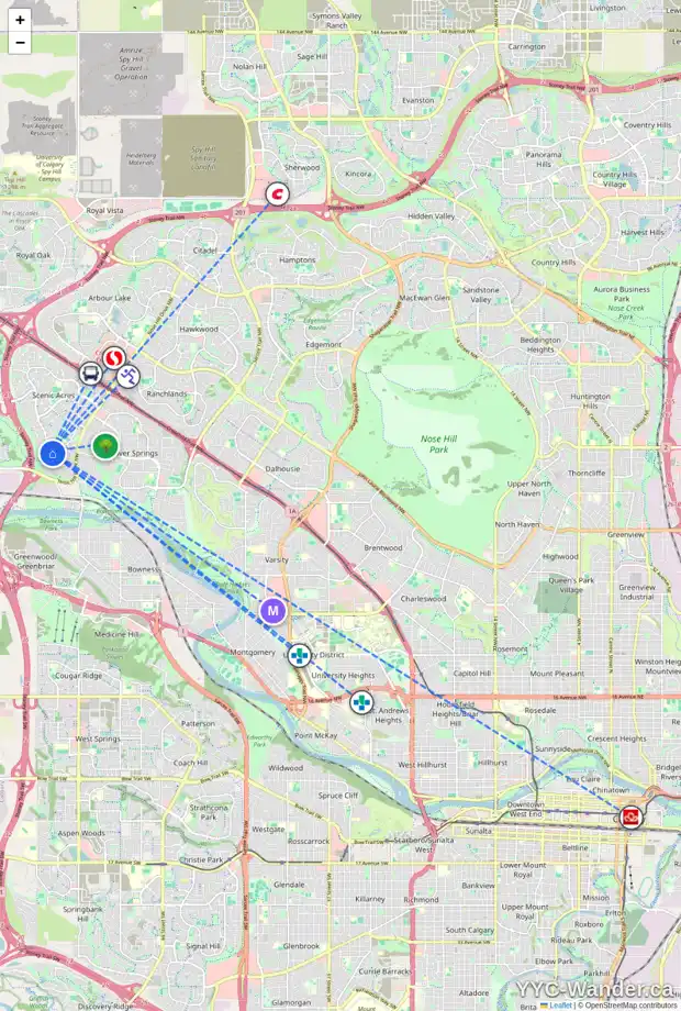 Daily accessibility map for 11 SCENIC RIDGE CR NW, Calgary showing nearby schools, grocery stores, parks, LRT stations and nearby amenities