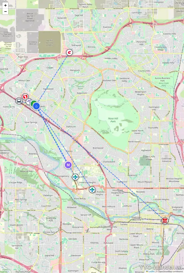 Daily accessibility map for 8221 RANCHVIEW DR NW, Calgary showing nearby schools, grocery stores, parks, LRT stations and nearby amenities