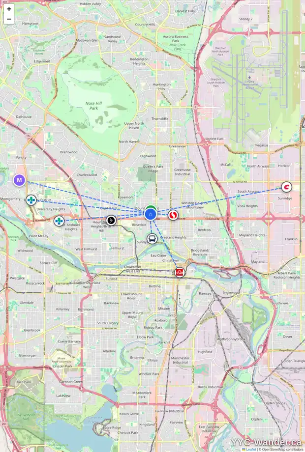 Daily accessibility map for 628 18 AV NW, Calgary showing nearby schools, grocery stores, parks, LRT stations and nearby amenities