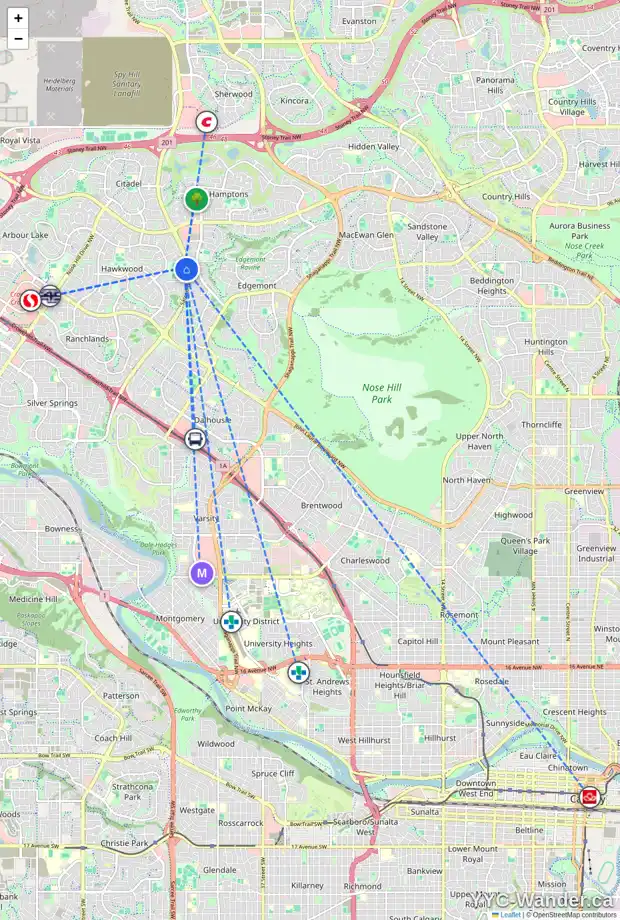 Daily accessibility map for 331 HAWKHILL PL NW, Calgary showing nearby schools, grocery stores, parks, LRT stations and nearby amenities