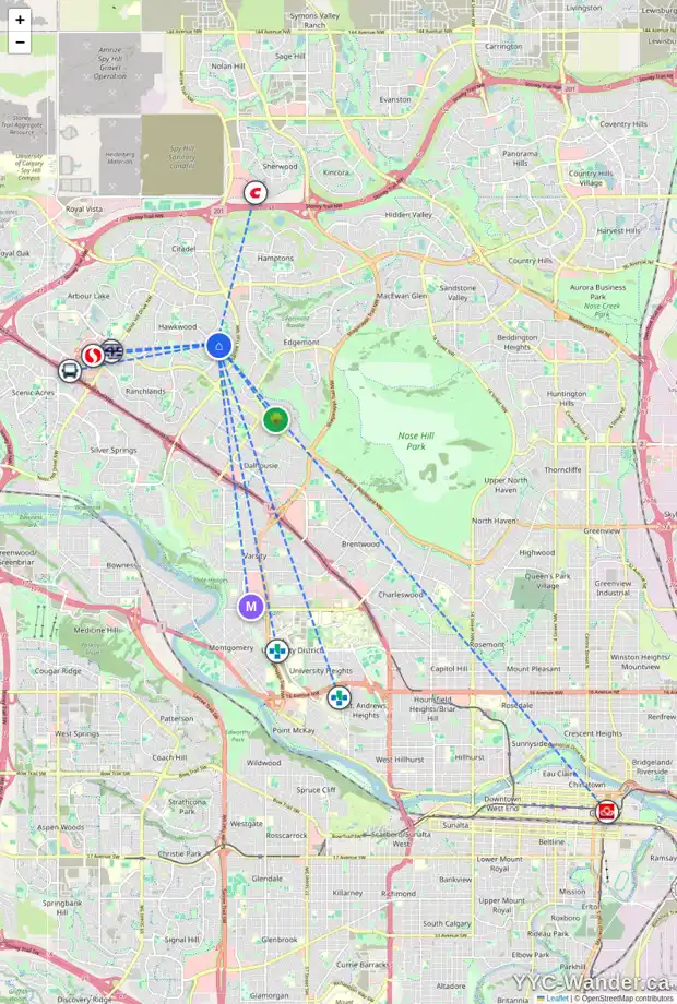 Daily accessibility map for 296 HAWKCLIFF WY NW, Calgary showing nearby schools, grocery stores, parks, LRT stations and nearby amenities