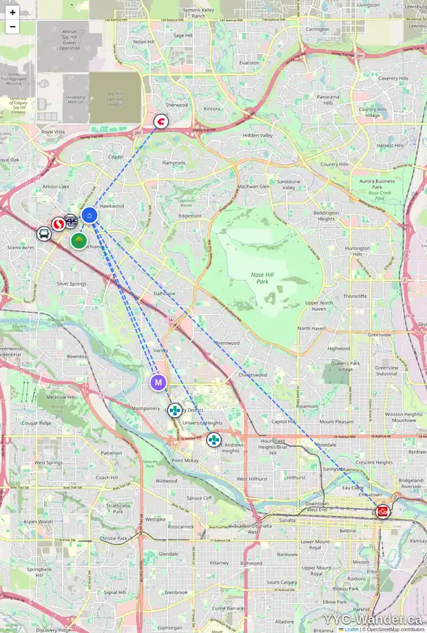 Daily accessibility map for 8 HAWKFIELD CR NW, Calgary showing nearby schools, grocery stores, parks, LRT stations and nearby amenities