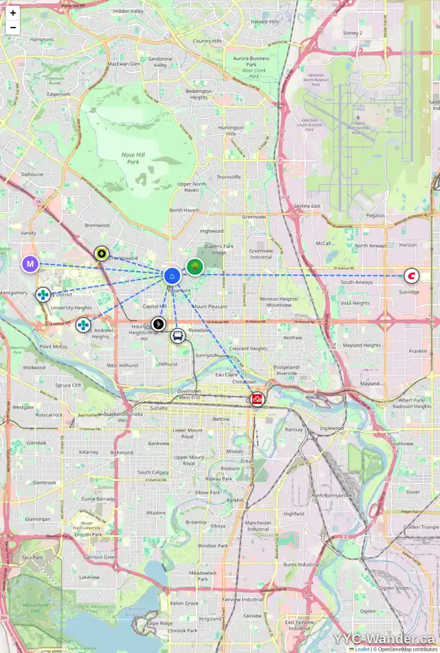 Daily accessibility map for 3216 14 ST NW, Calgary showing nearby schools, grocery stores, parks, LRT stations and nearby amenities
