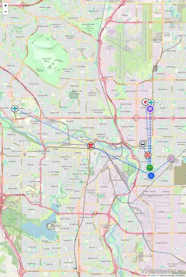 Daily accessibility map for 3421 33A AV SE, Calgary showing nearby schools, grocery stores, parks, LRT stations and nearby amenities
