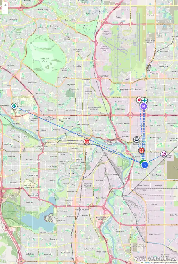 Daily accessibility map for 3036 33A ST SE, Calgary showing nearby schools, grocery stores, parks, LRT stations and nearby amenities