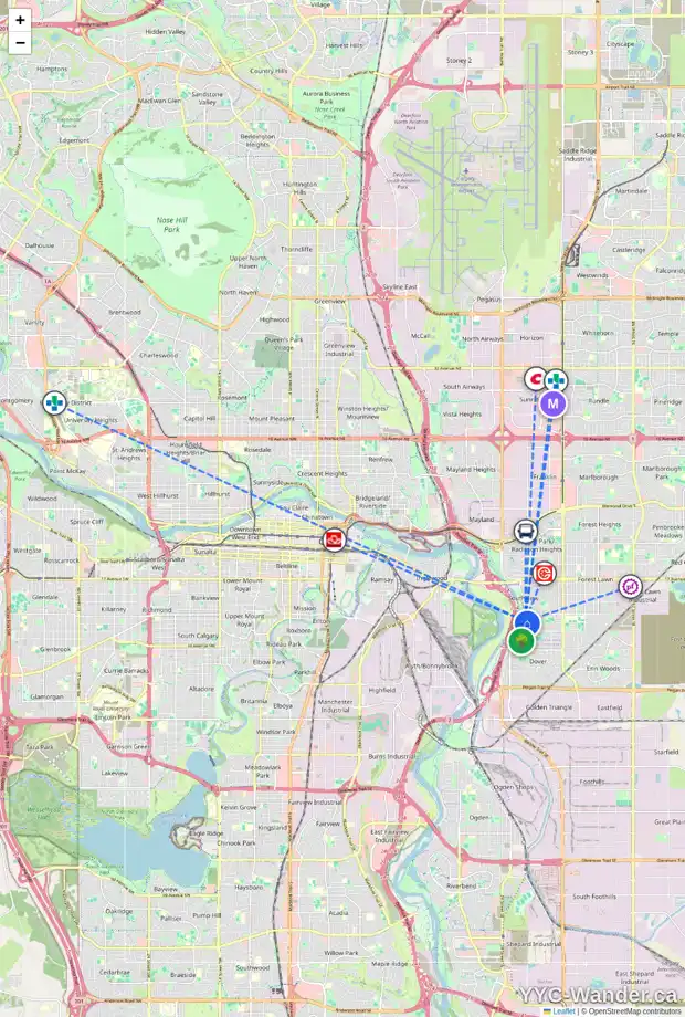 Daily accessibility map for 2720 28 AV SE, Calgary showing nearby schools, grocery stores, parks, LRT stations and nearby amenities
