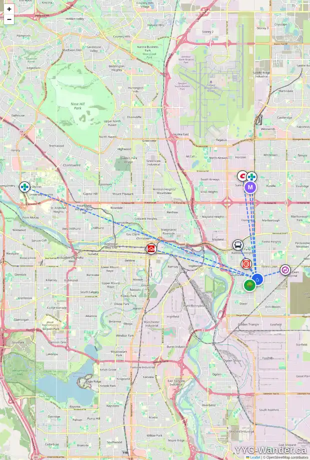 Daily accessibility map for 2423 37 ST SE, Calgary showing nearby schools, grocery stores, parks, LRT stations and nearby amenities
