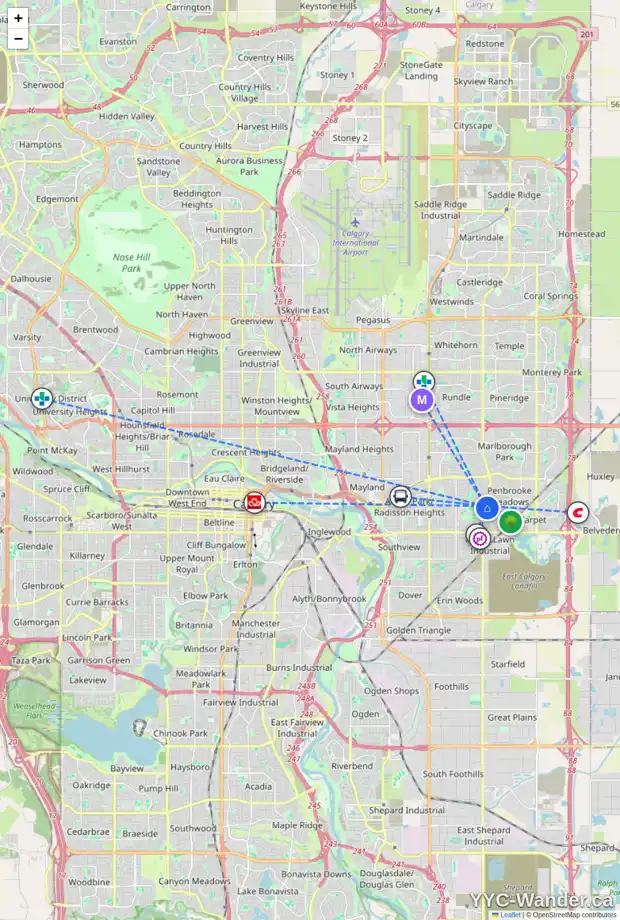 Daily accessibility map for 5313 8 AV SE, Calgary showing nearby schools, grocery stores, parks, LRT stations and nearby amenities