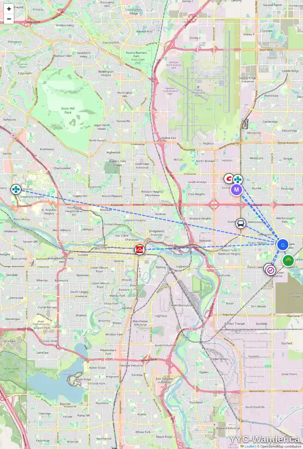 Daily accessibility map for 5544 5 AV SE, Calgary showing nearby schools, grocery stores, parks, LRT stations and nearby amenities