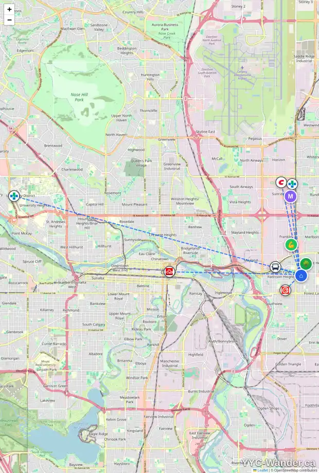 Daily accessibility map for 907 38 ST SE, Calgary showing nearby schools, grocery stores, parks, LRT stations and nearby amenities