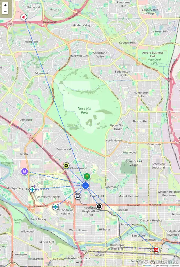 Daily accessibility map for 2627 MORLEY TR NW, Calgary showing nearby schools, grocery stores, parks, LRT stations and nearby amenities