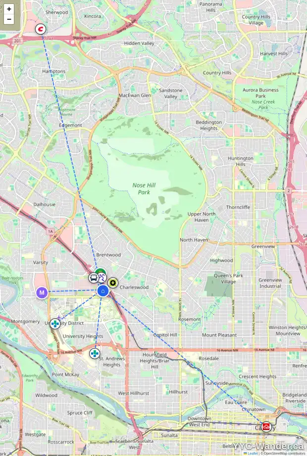 Daily accessibility map for 3118 34 AV NW, Calgary showing nearby schools, grocery stores, parks, LRT stations and nearby amenities
