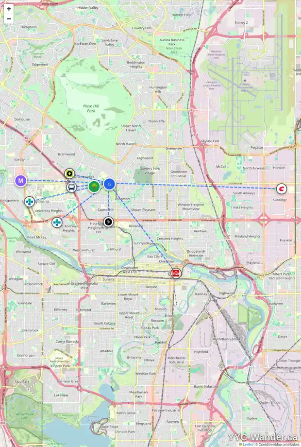 Daily accessibility map for 3320 CONSTABLE PL NW, Calgary showing nearby schools, grocery stores, parks, LRT stations and nearby amenities