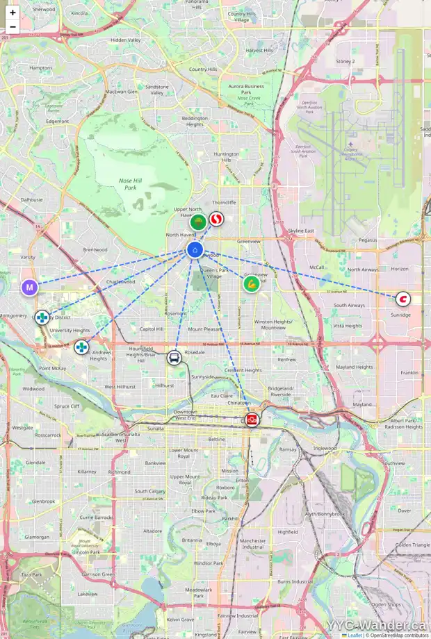 Daily accessibility map for 96 HOLLY ST NW, Calgary showing nearby schools, grocery stores, parks, LRT stations and nearby amenities