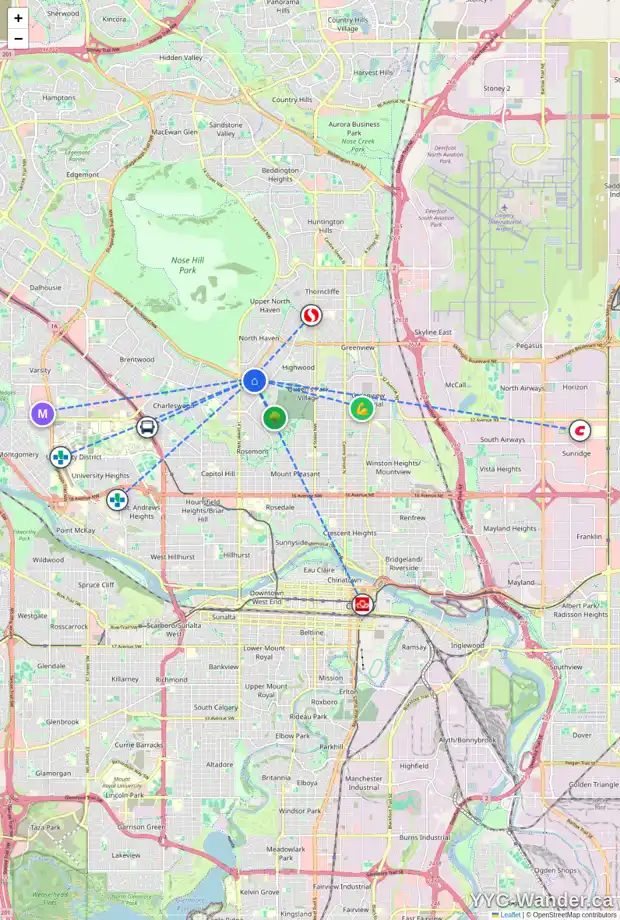 Daily accessibility map for 76 CHANCELLOR WY NW, Calgary showing nearby schools, grocery stores, parks, LRT stations and nearby amenities