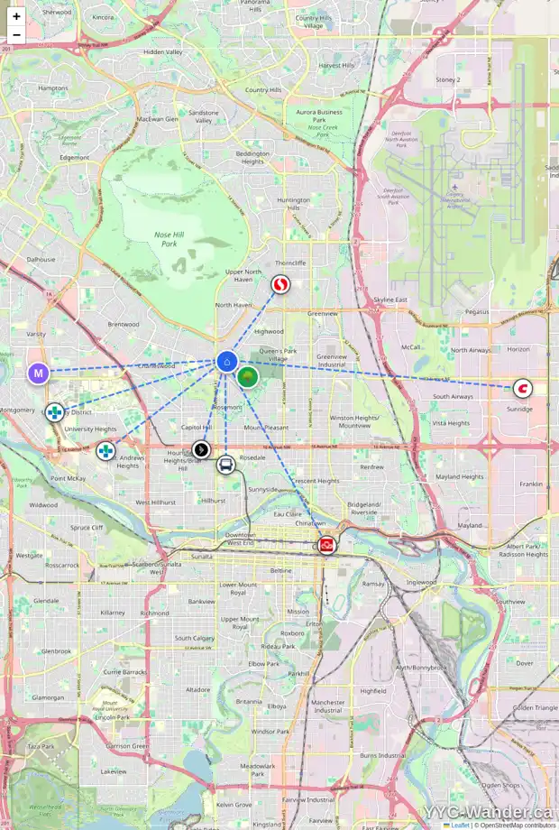 Daily accessibility map for 26 CADOGAN RD NW, Calgary showing nearby schools, grocery stores, parks, LRT stations and nearby amenities