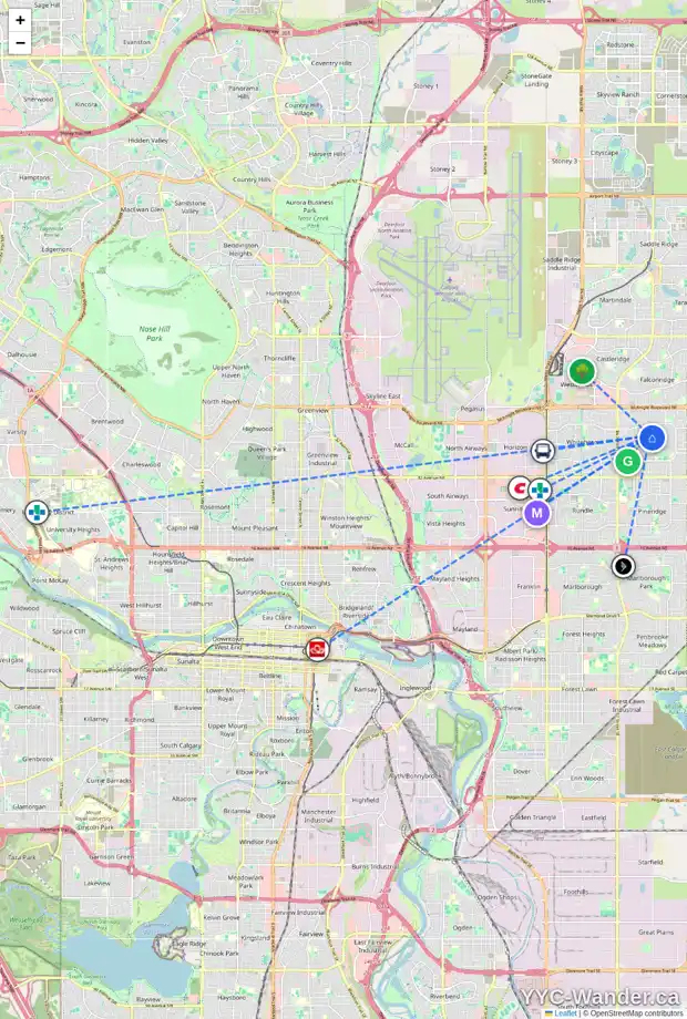 Daily accessibility map for 4240 58 ST NE, Calgary showing nearby schools, grocery stores, parks, LRT stations and nearby amenities