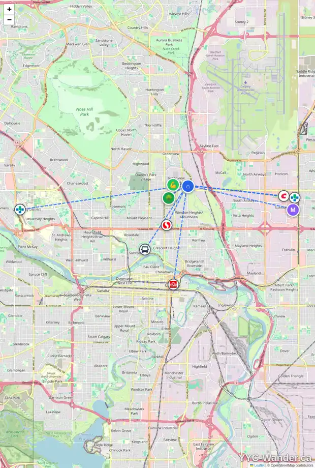 Daily accessibility map for 636 34 AV NE, Calgary showing nearby schools, grocery stores, parks, LRT stations and nearby amenities